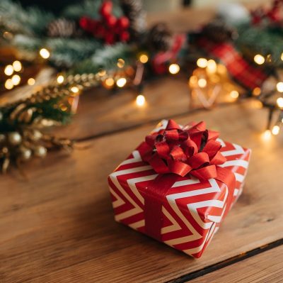 A Christmas present under a tree